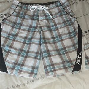 Surf Style Men's Plaid Swim Shorts - Blue and Brown